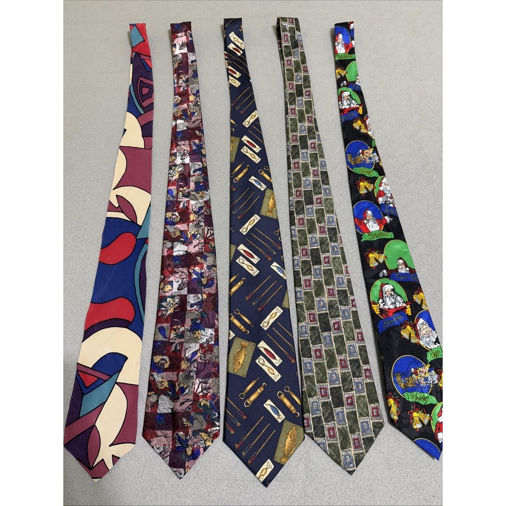Vtg Men's Tie Lot 5 80s 90s Art Print Check‎ With Floral Fly Fishing Holiday Y2K